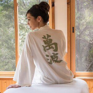 Ten Thousand Waves bath house robe, LG: Sage-colored Kanji